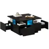 MERAX Table basse carrée noir avec 4 tiroirs - 70x70 cm led panneau de...