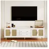 MODERNLUXE Meuble TV 175cm - poignées dorées - 4 portes + 2 tiroirs - avec portes en rotin et pieds en métal - blanc
