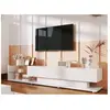MODERNLUXE Meuble TV LED 170cm - Espace d'exposition en verre - 2 tiroirs - Style Contemporain - Blanc & Naturel
