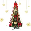 PIMPIMSKY Sapin de Noël pliable 4 pieds avec lumières, Sapin de Noël artificiel à LED avec ornements et noeud pour décorations de fête de Noël