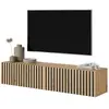 SELSEY Meuble TV - TELIRE - 140 cm en chêne artisan avec façade fraisée et inserts noirs