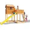 Aire de jeux en bois avec toboggan jaune, cabane et terrasse Fungoo
