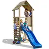 Aire de jeux en bois avec toboggan bleu et mur d'escalade Fungoo