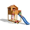 Aire de jeux en bois marron avec toboggan bleu et maison Fungoo