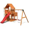 Aire de jeux en bois avec toboggan rouge et 2 balançoires Fungoo