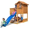Aire de jeux en bois avec maison et toboggan bleu Fungoo