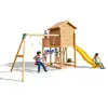 Aire de jeux en bois avec toboggan jaune, cabane, balançoire Fungoo