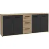 Buffet PILVI - Style contemporain - Particules mélaminé -Décor Chene artisan et Noir- 4 portes + 3 tiroirs - L179,2 x P42 x H