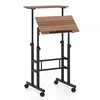 COSTWAY Bureau assis-debout à roulettes, table informatique à 2 niveaux pour ordinateur avec hauteur réglable noyer
