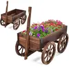 COSTWAY Brouette à Fleurs en Bois Jardinière à Roues avec Poignée Régl...