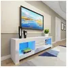Keepbuying - Meuble tv Moderne Blanc avec led Lumineuse - Etagère en verre 2 Tiroirs - Buffet Bas Rangement Salon Chambre 130x35x50cm