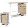 Bureau Pliable Sur Roulettes - Costway - 3 Tiroirs - Mdf/Acier - Naturel