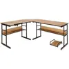 COSTWAY Bureau d'Angle en forme de L Ajustable à 2 Tables Droits, 2 Pe...
