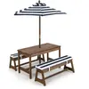 COSTWAY Table et 2 Bancs de Jardin avec Parasol et Coussins en Sapin T...