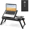 COSTWAY Table de Lit Portable pour PC & Tablette Design Thermique, Table Pliable et Inclinable avec Petit Tiroir, Marron
