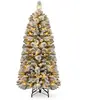 Sapin de Noël Artificiel LED 150cm COSTWAY-130 Lumières Blanc Chaud-378 Branches Floqué de Neige-Support en Métal-Section Repliable