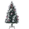 Sapin de Noël Artificiel Floqué 150cm COSTWAY-49 Lumières LED,8 Modes d'Éclairage Dynamique-Fibres Optique-Baies Rouges,Pommes de