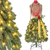 Sapin de Noël Artificiel Pré-éclairé 150cm COSTWAY-Design Jupe avec Ruban Doré-Echarpe Amovible-100 Lumières LED-Baies Rouges