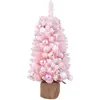 COSTWAY Mini Sapin de Noël Artificiel Pré-décoré 90 cm, 12 Boules de Coton Naturel, 24 Boules Décoratives, Base en Ciment, Rose