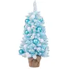 COSTWAY Mini Sapin de Noël Artificiel Pré-décoré 90 cm, 12 Boules de Coton Naturel, 24 Boules Décoratives, Base en Ciment, Bleu