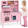COSTWAY Cuisine Enfants en Bois 3-6 Ans - 18 Accessoires avec Évier, M...
