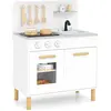 COSTWAY Cuisine de Jeu En Bois pour Enfants 3 Ans+, avec Lumières & Sons, 10 Accessoires, Evier, Four, 55 x 31 x 75 cm, Blanc