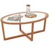 COSTWAY Table Basse Ovale en Verre Trempé, Pieds en Bois d'Hévéa, Base...