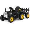 COSTWAY 12V Tracteur Électrique Enfants à 6 Pneus - Pelle, Remorque Amovible, LED, Musique - Télécommande 2,4G, 3-8km/h, Noir