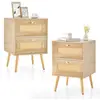 COSTWAY Lot de 2 Table de Chevet en Rotin, 2 Tiroirs et 4 Pieds en Pin...