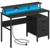 SONGMICS Bureau gaming avec lumières led et multiprise 2 tiroirs 2 ports usb, Noir Boisé / 120L cm