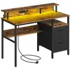 SONGMICS Bureau gaming avec lumières led et multiprise 2 tiroirs 2 ports usb, Marron Rustique / 120L cm