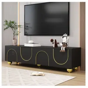 Wishdor - Meuble tv noir et or, meuble tv bas avec portes texturées et pieds ronds dorés, ouverture par pression pas cher