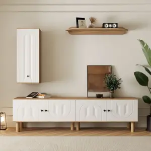 MODFU Ensemble de meuble TV avec placard et étagère murale, blanc et bois pas cher