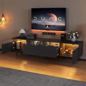 BEAOK Meuble TV LED avec rangement, jusqu'à 75 pouces, 2 portes et 2 tiroirs, meuble bas de salon et de chambre, 176×38×45cm, noir pas cher