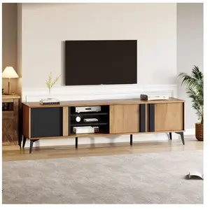 MODFU Meuble tv 180 cm, meuble tv bas avec porte et compartiment ouvert, noir et couleur bois pas cher