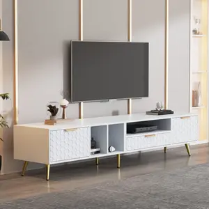 OKWISH Meuble tv bas blanc avec tiroirs et portes, design nid d'abeill... pas cher