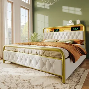 COOYES Lit capitonné 140 x 200 cm lit double avec LED, 4 tiroirs,chargement fonction de chargement USB Type C,velours,blanc,sans matelasVendu parconforama