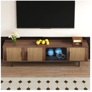 modfu Meuble tv brun avec barre lumineuse led, porte en verre trempé et lowboard avec texture sculptée pas cher