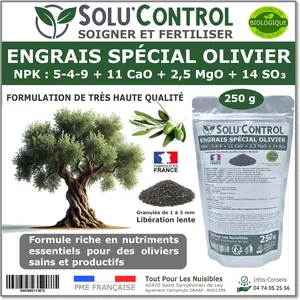 TOUT POUR LES NUISIBLES ENGRAIS Spécial OLIVIER 250 g - SoluControl - Formulation haute qualité Organo-Minerale - Utilisable en Agriculture BIOLOGIQUE