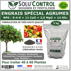 TOUT POUR LES NUISIBLES Engrais Spécial Agrumes 3 kg - SoluControl - Formulation Organo-Minerale - Citronnier, Oranger, Mandarinier, Clémentinier 