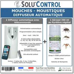 TOUT POUR LES NUISIBLES Kit Diffuseur Automatique avec Télécommande + 1 Aérosol Insecticide au Pyrèthre Végétal 250 ml - Anti-Mouches & Anti-Moustiques