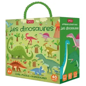 Puzzle Les Dinosaures Sassi - Livre 10 pages - 40 pièces - 10 figures - Vert foncé pas cher