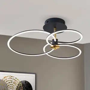 Orion Plafonnier LED Charlotte, 3 anneaux, noir/doré pas cher