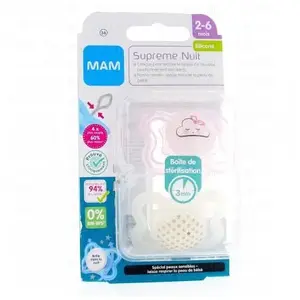 MAM Sucette Supreme Nuit - 2-6+ mois - Silicone -Bte de stérilisation x2Vendu paraubert