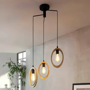 Comparateur de prix : EGLO Suspension Basildon, détails bois à 3 lampes ronde