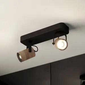 EGLO Spot pour plafond Cayuca, noir/décor bois, à deux lampes pas cher