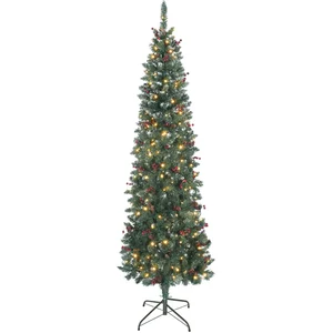 Sapin De Noël Étroit Led Argenté 210 Cm Avec 8 Modes Lumineux, Pommes ...