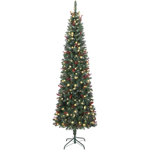 Sapin De Noël Étroit Vert 230 Cm Avec Led 7 Modes, 761 Branches, Pommes De Pin Et Baies Décoratives, Arbre Lumineux Élégant Pour Salon Intérieur