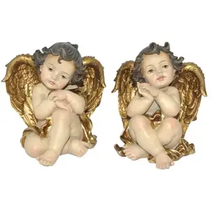 Figurine de Noël Ange 2U Résine Dorée 14,5x13x11cm Décoration de Noël pas cher