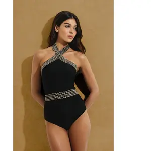 Admas - Maillot de bain 1 pièce à col croisé Luxe swim noir 44 pas cher